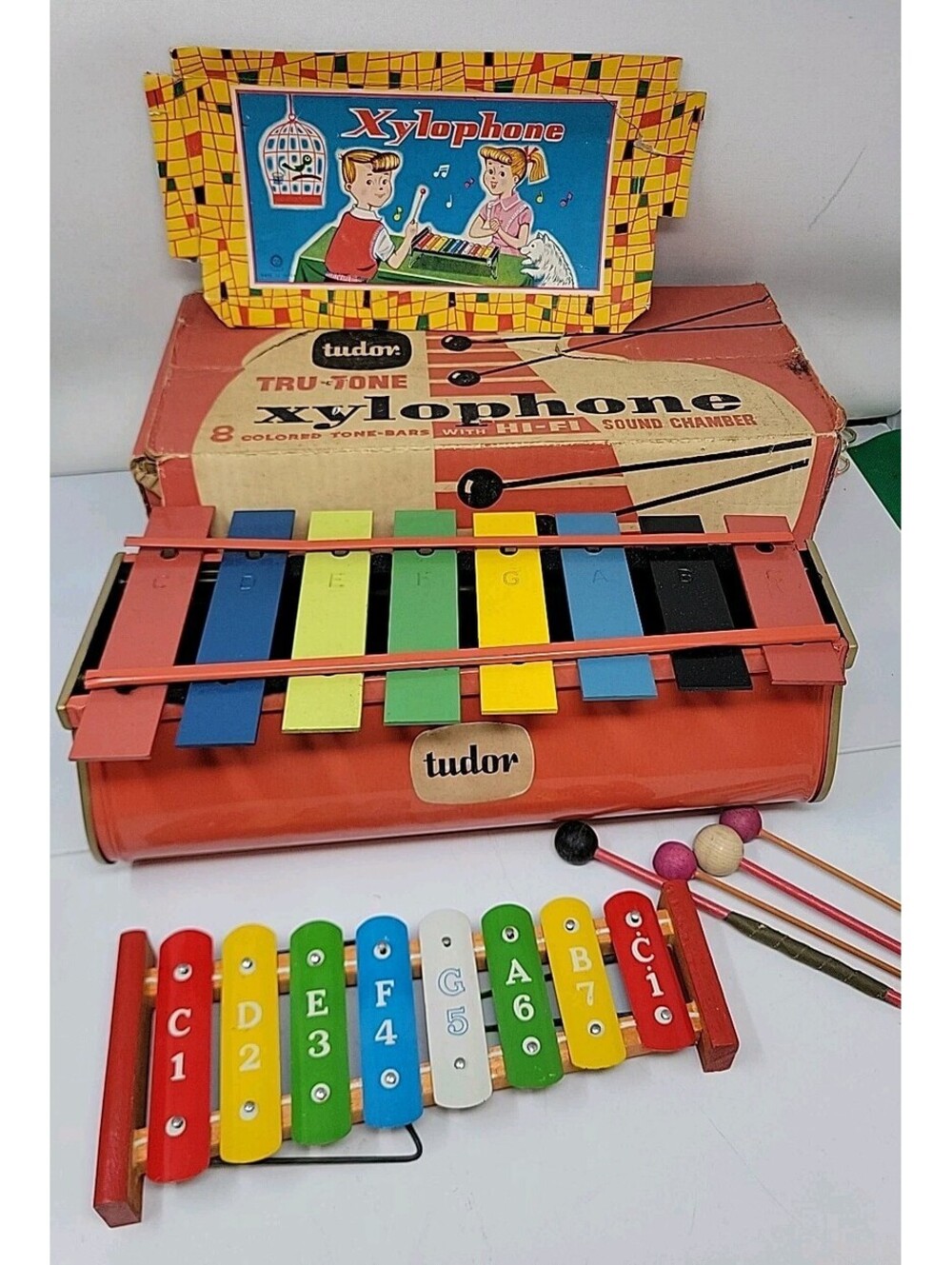 Vintage Tudor Tru-Tone Xylophone w/ Original Box & Mallets – 8 Color Bars